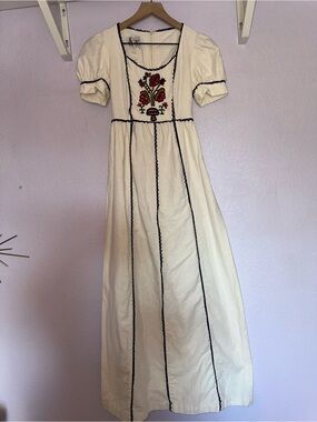 Vintage 1970’s Cream Maxi Dress with Black Trim and Floral Embroidery